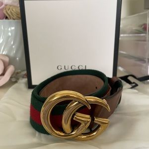 Authentic EUC Gucci Webbed Belt 80 Gold Red Green Fabric